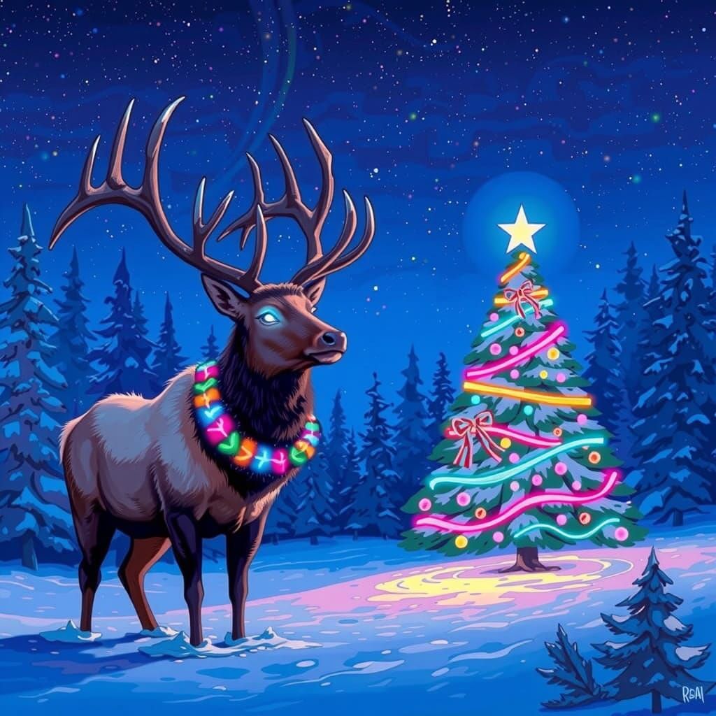 Majestic Elk in Snowy Forest with Aurora Borealis