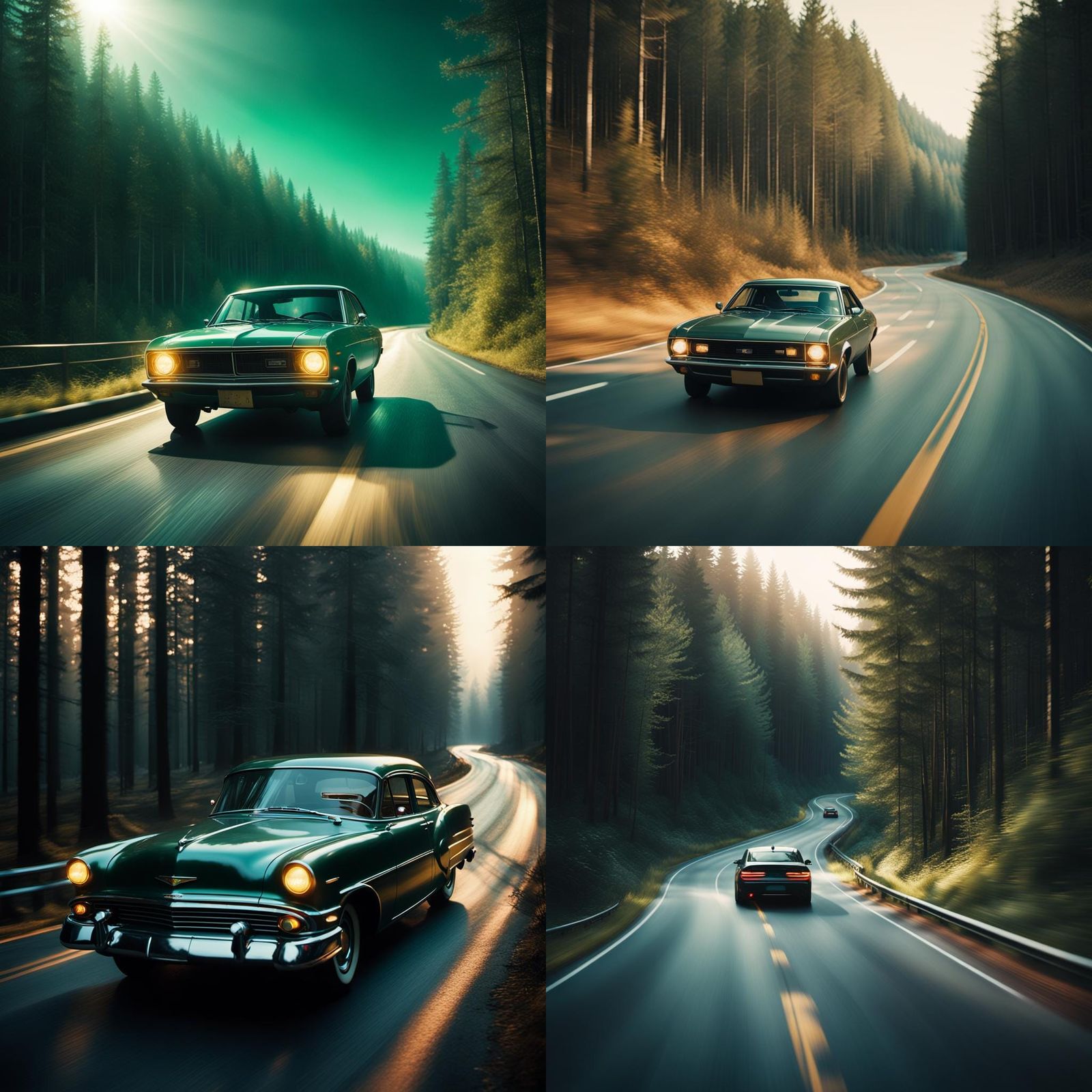 Car on Forest Highway: Cinematic Film Still