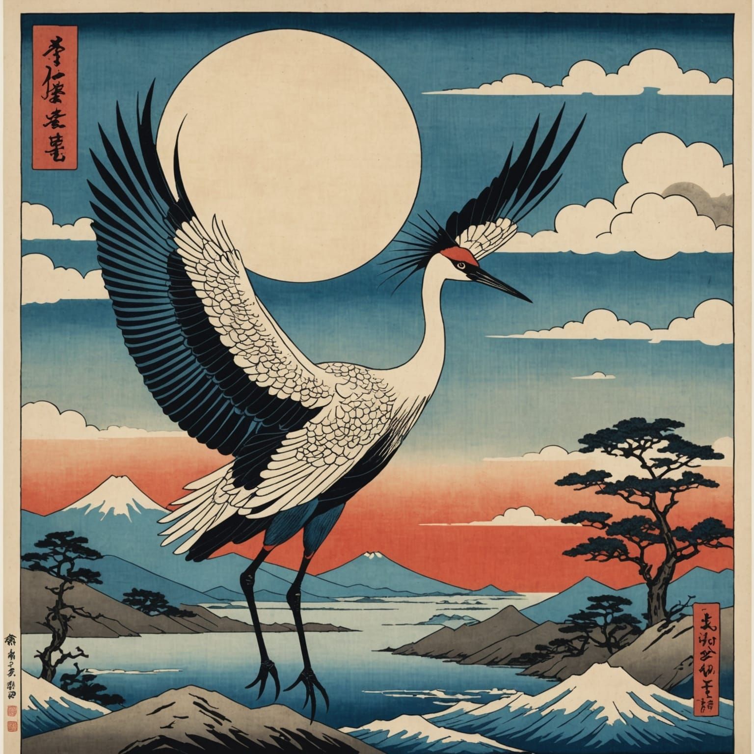Ukiyo-E of a Japanese crane 4
