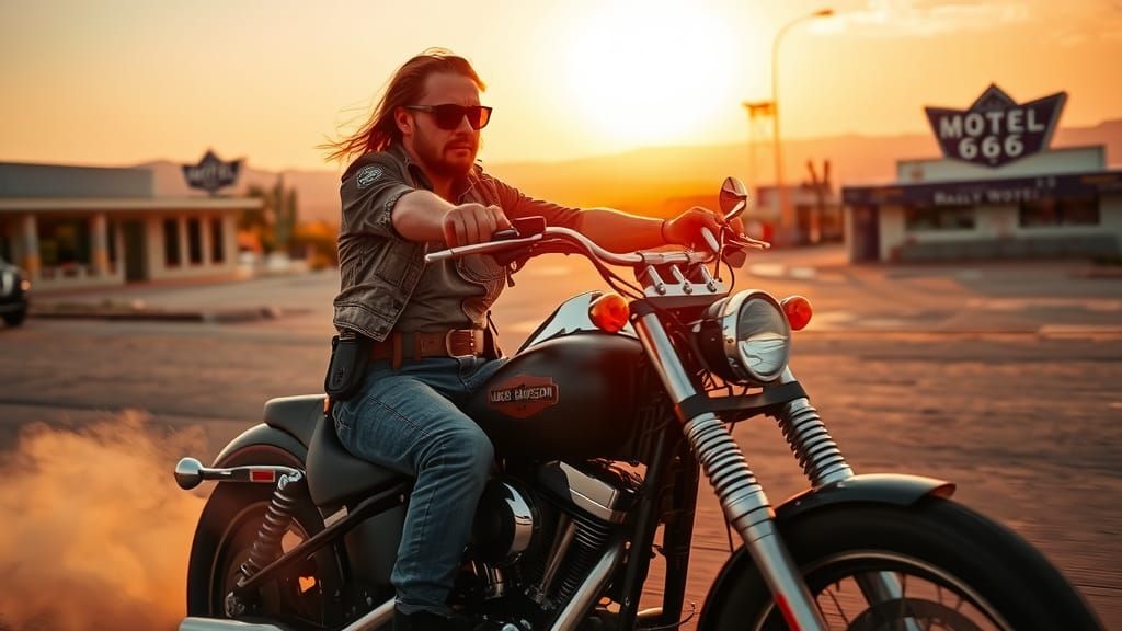 Biker on Route 66 at Sunset