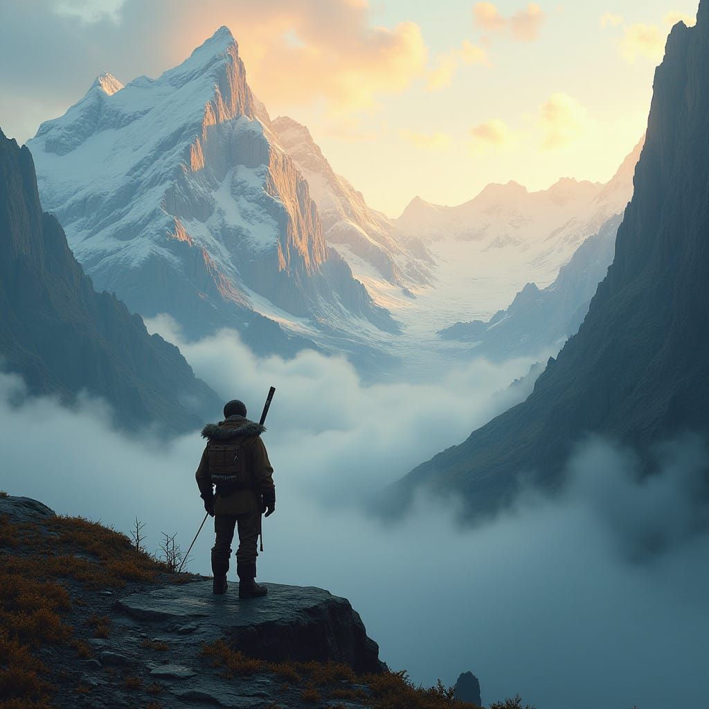 Ethereal Explorer Amidst Snow-Capped Mountains
