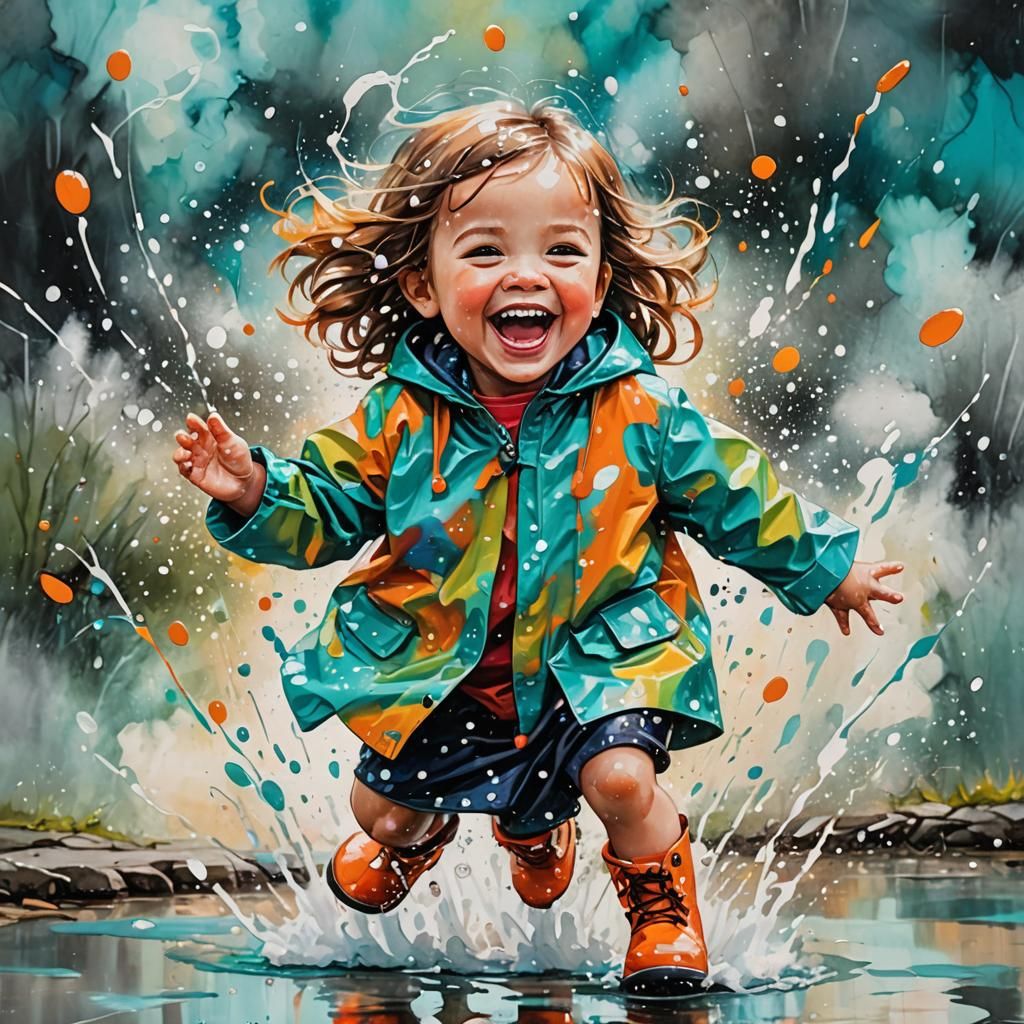 Laughing Girl in Raincoat: Vibrant Splash Art