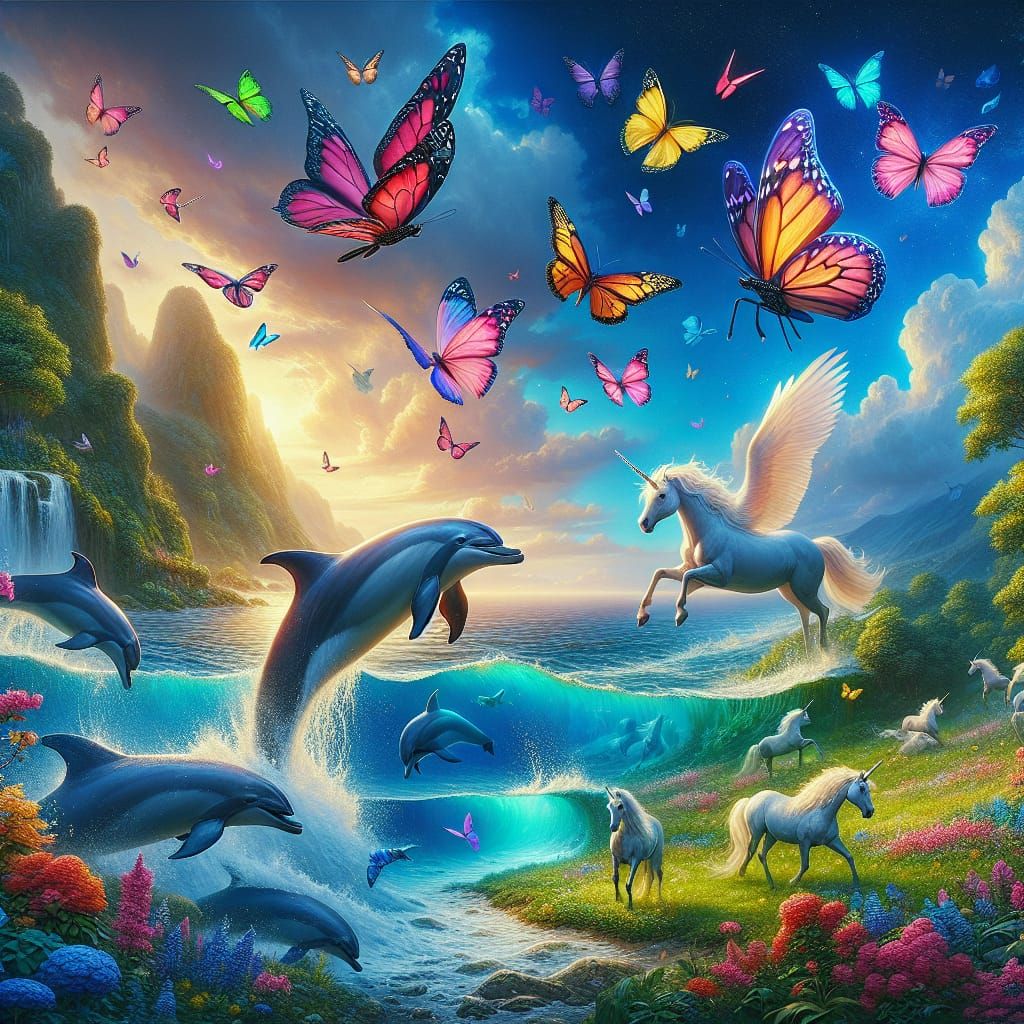 Fantastical Scene of Dolphins, Butterflies, and Unicorns
