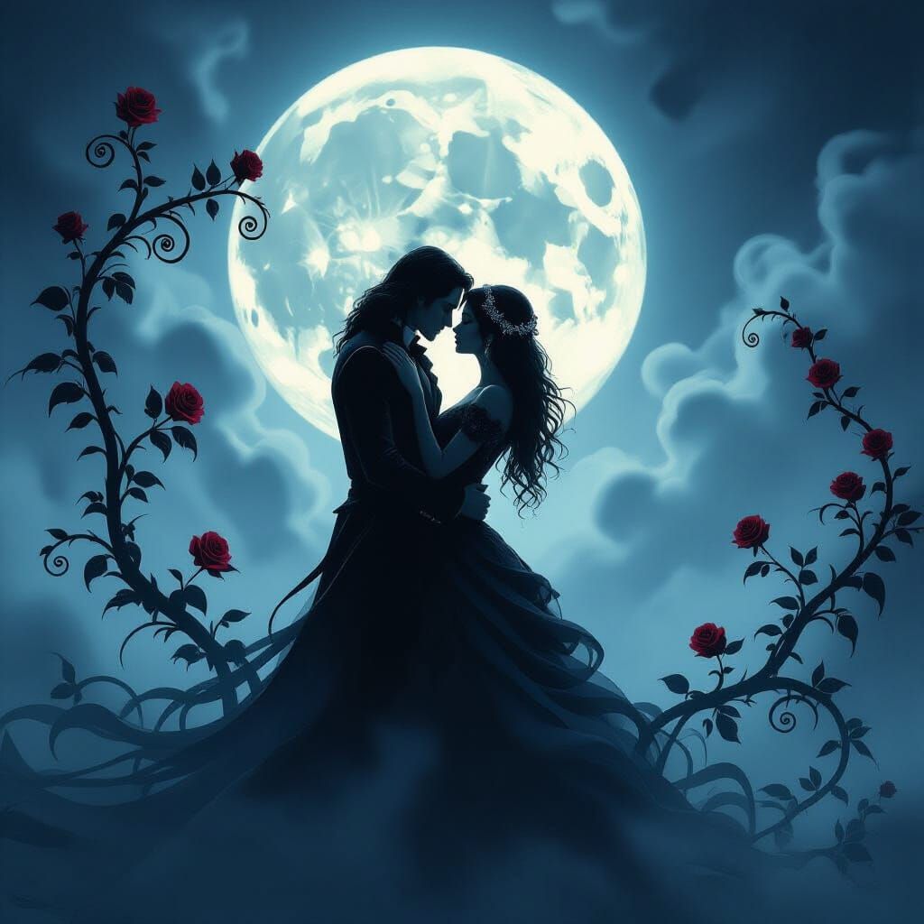 Gothic Romance Couple Under Crescent Moon