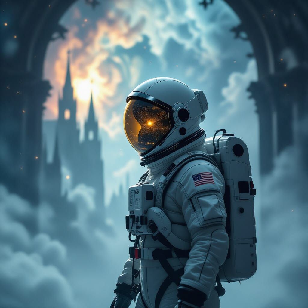 Astronaut Adrift in Nebula Reflecting Gothic Cathedral