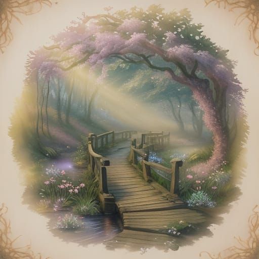 Enchanting Woodland Bridge in Watercolor Style