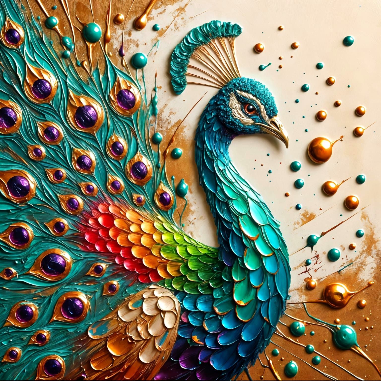 Iridescent Peacock with Impasto Palette Knife Strokes