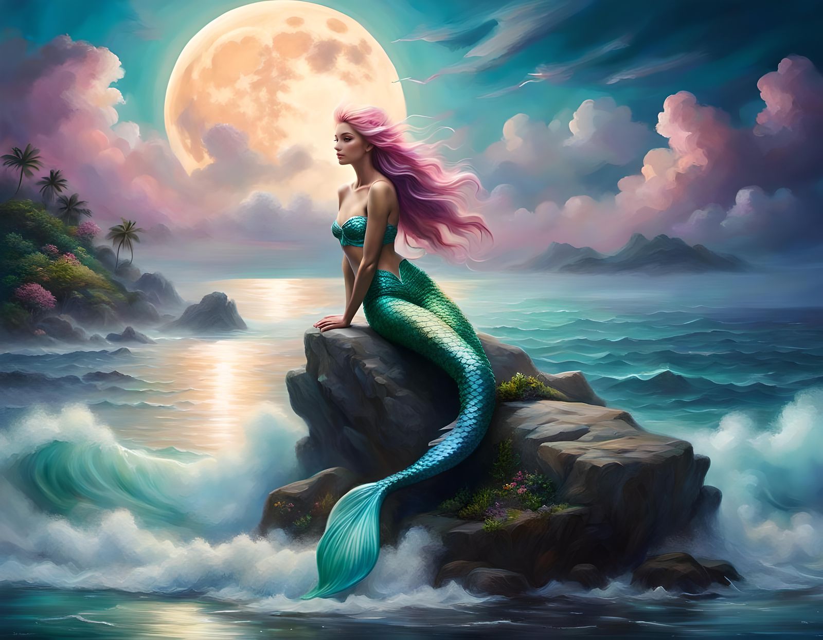Dreamy Mermaid Under Pastel Moon, Digital Oil Painting