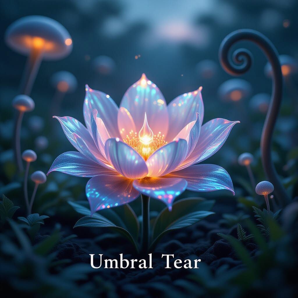 Melancholic Umbral Tear Flower in Alien Garden Twilight