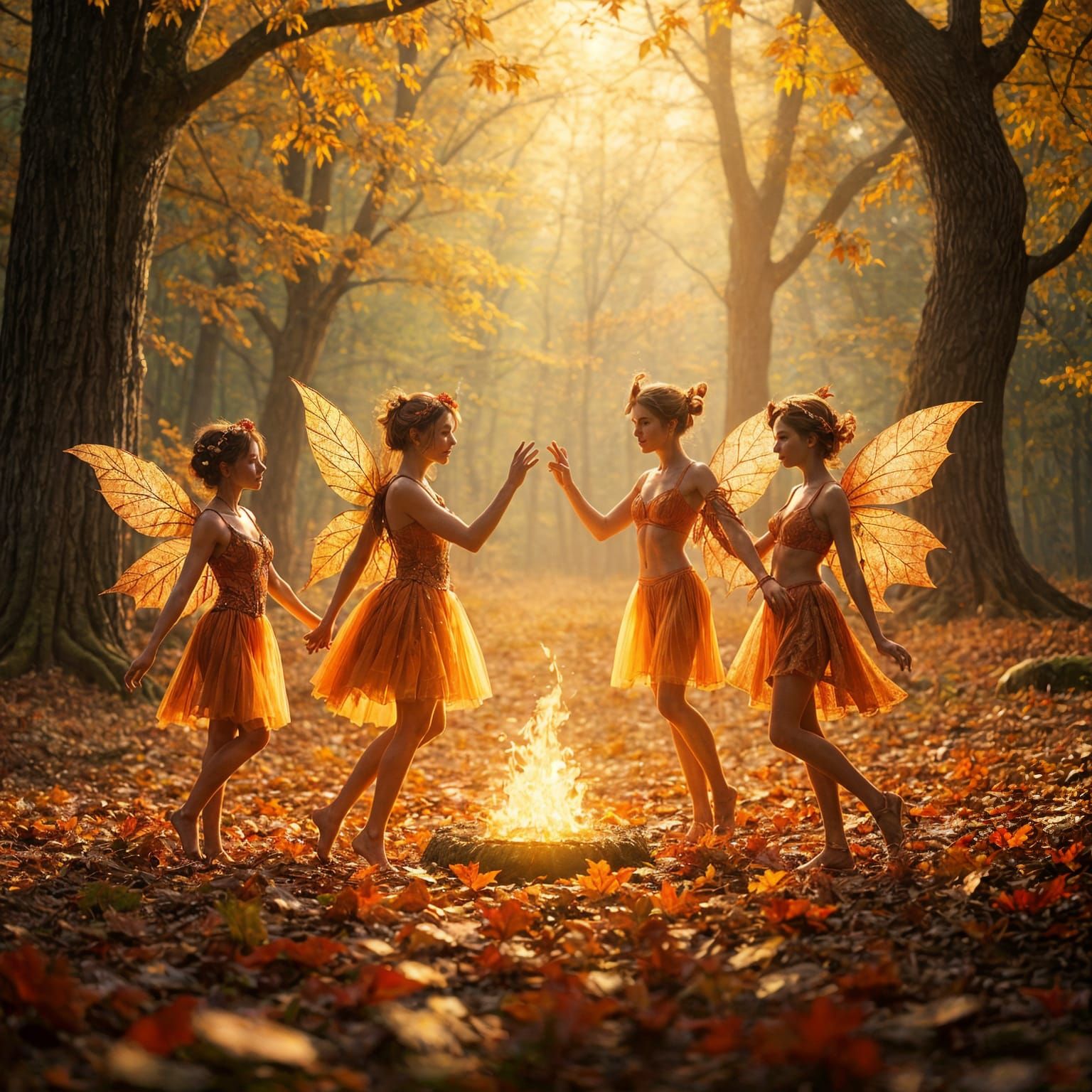 Magical Autumn Fairies Dancing in Forest Glade