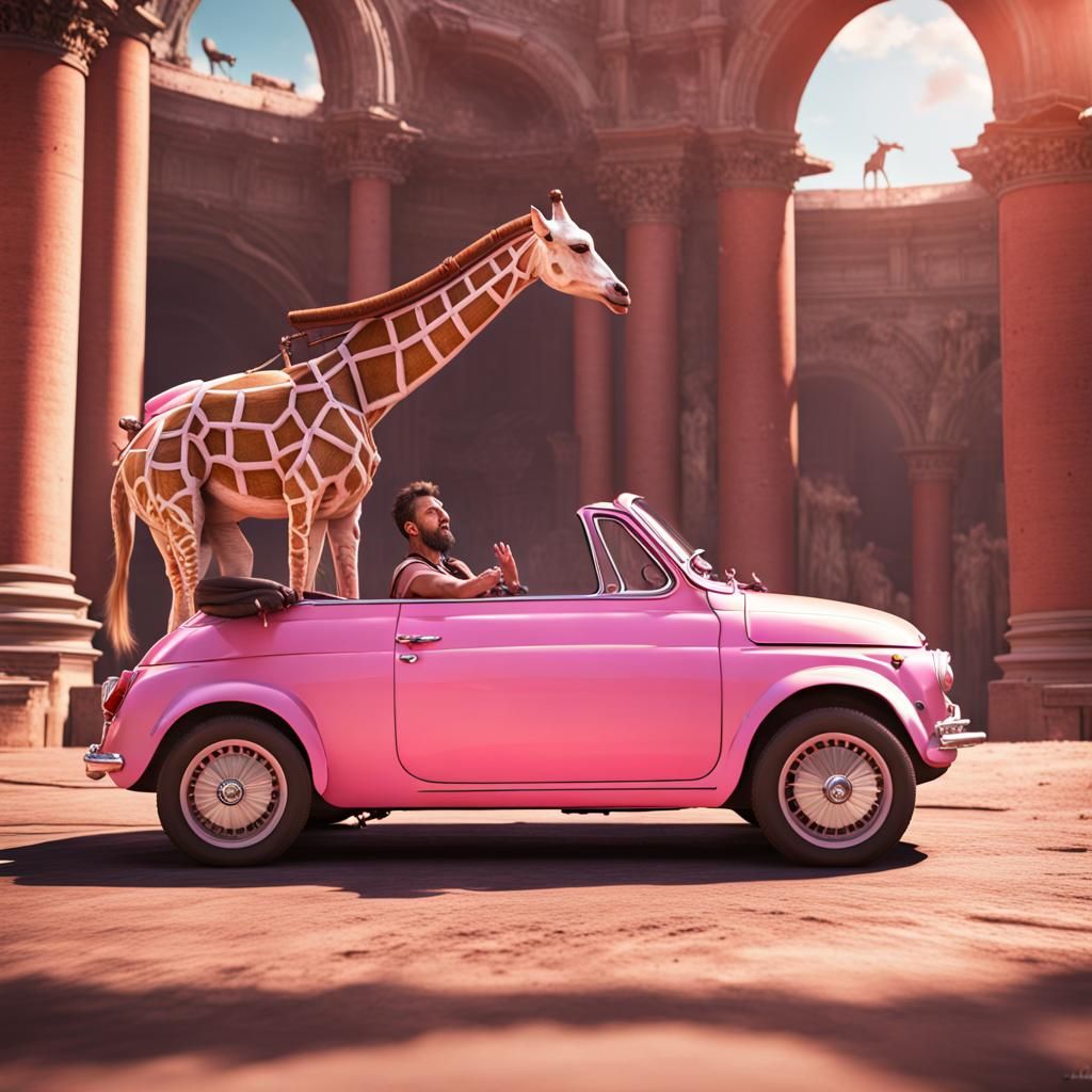 Giraffe Drives Fiat in Roman Hippodrome