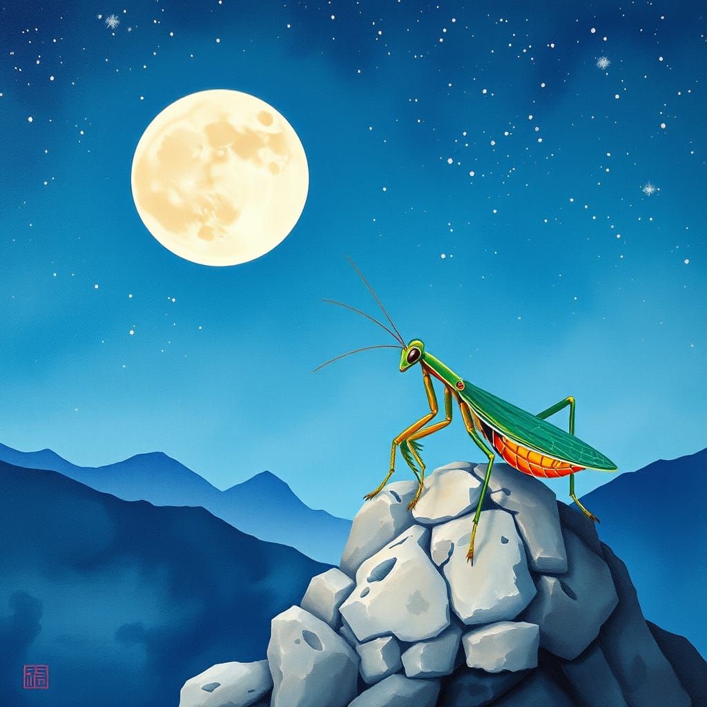 Mantis Observes Moon in Sumi-e Style Painting
