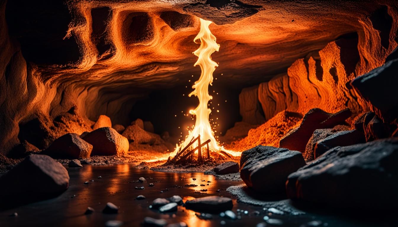 deep dark damp caves lit by old torches cave paintings Hyper...