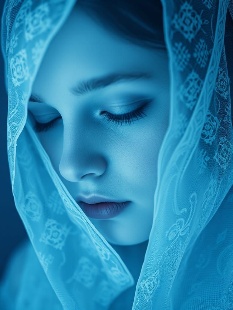 Ethereal Cyanotype Lace Figures in Dreamlike Embrace