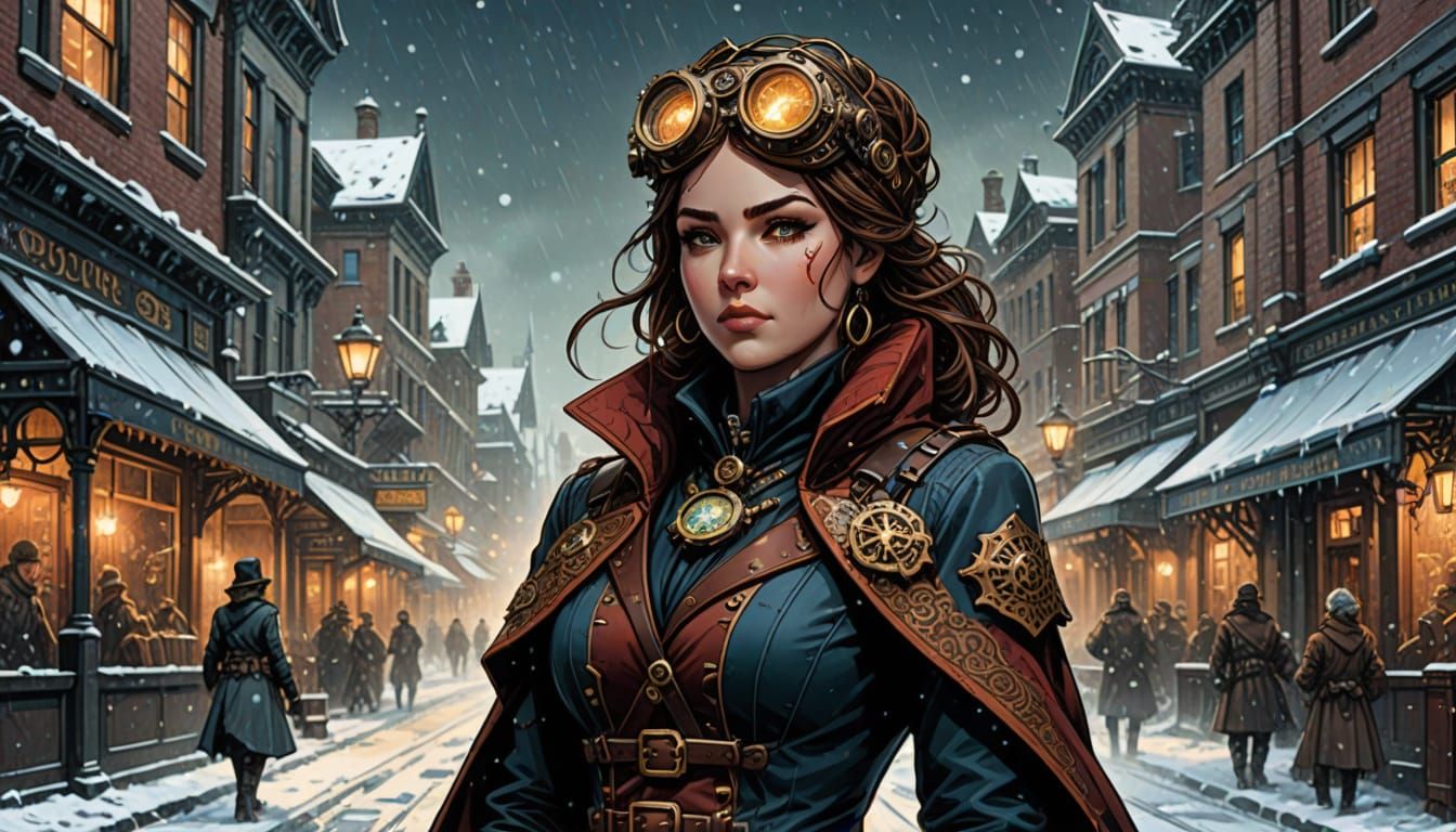 Steampunk Woman in Snowy Town, Comic Book Art