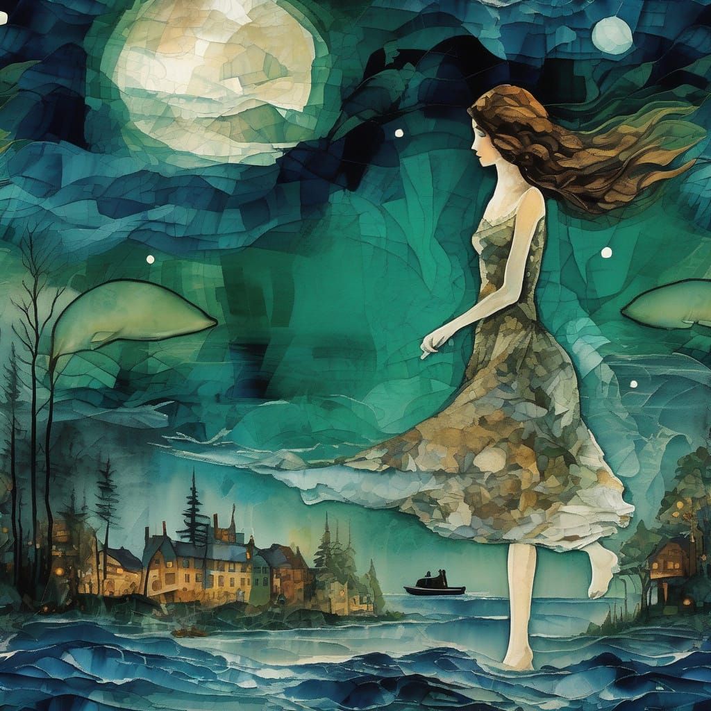 Surreal Night Dream: Woman Holds Whale in Ethereal Waters