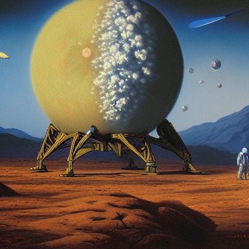 Realistic Moon Colony with Earth, Oil Painting Style