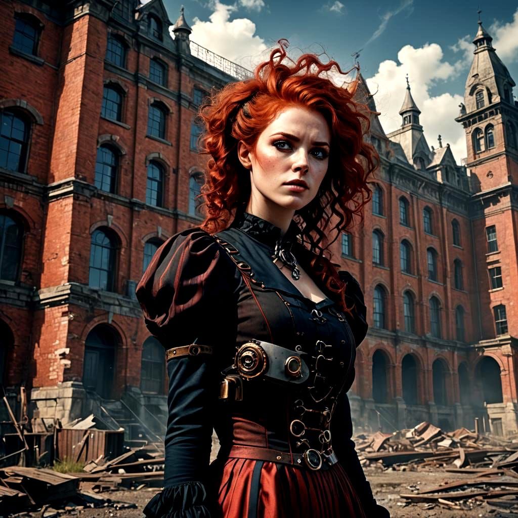 Steampunk Mad Woman at Asylum with Purple Flowers