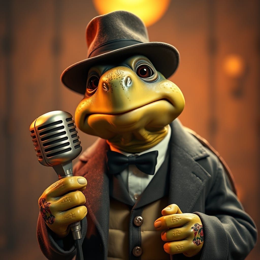 A Singing Turtle with an old style microphone