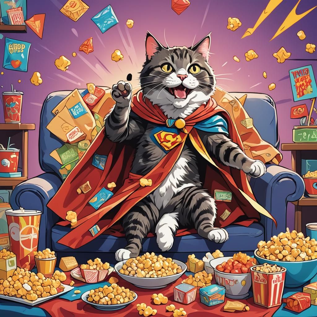 Funny Superhero Cat on Couch in Comic Style