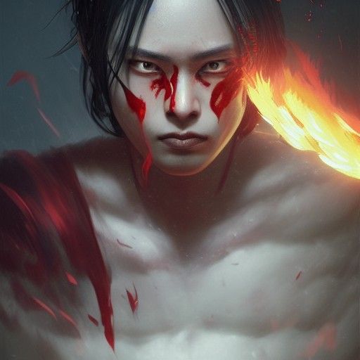 Fiery Asian Man Portrait in Dark Fantasy Style