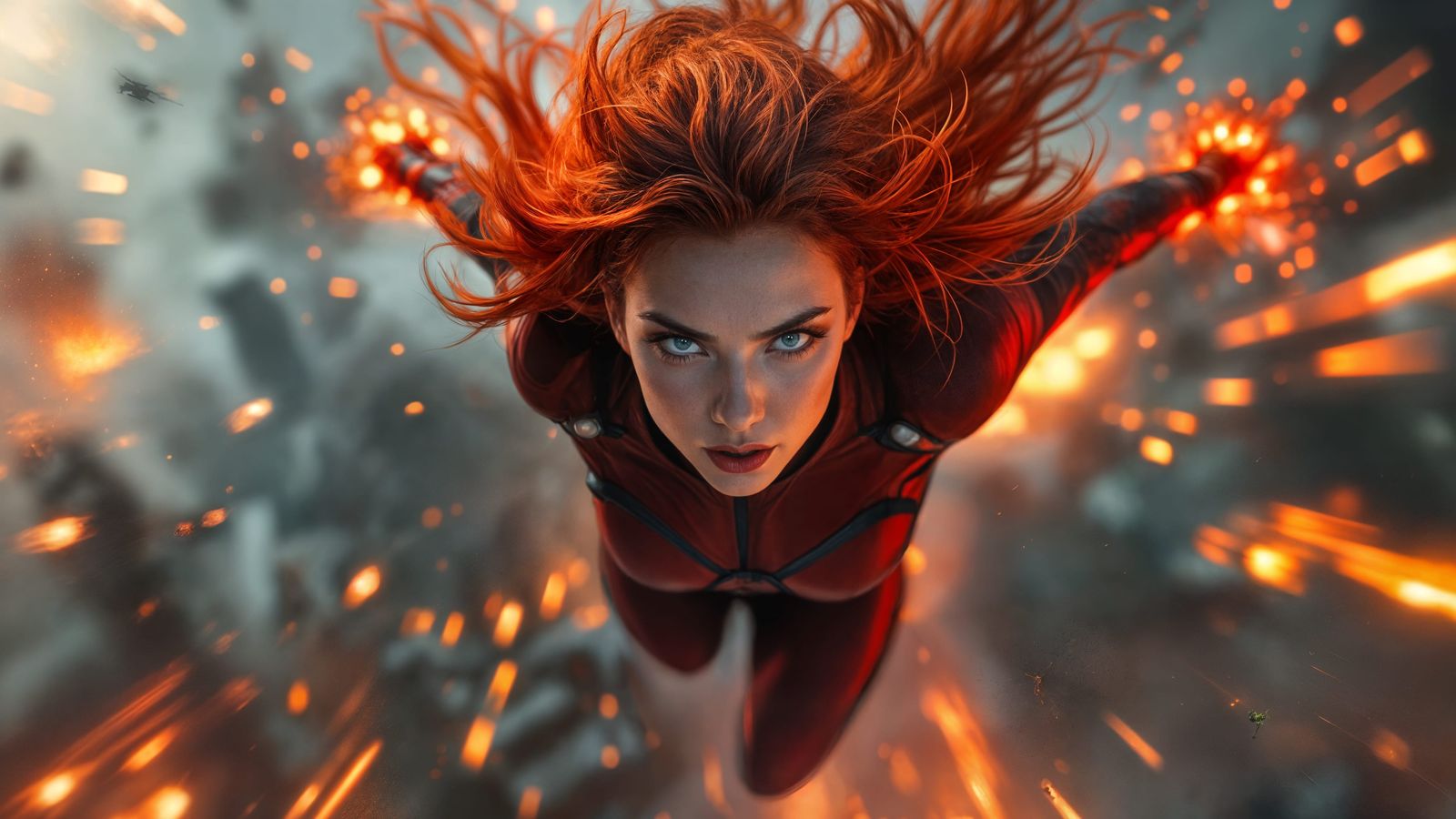 Epic Female Superhero Red Soars Through a War-Torn Landscape...