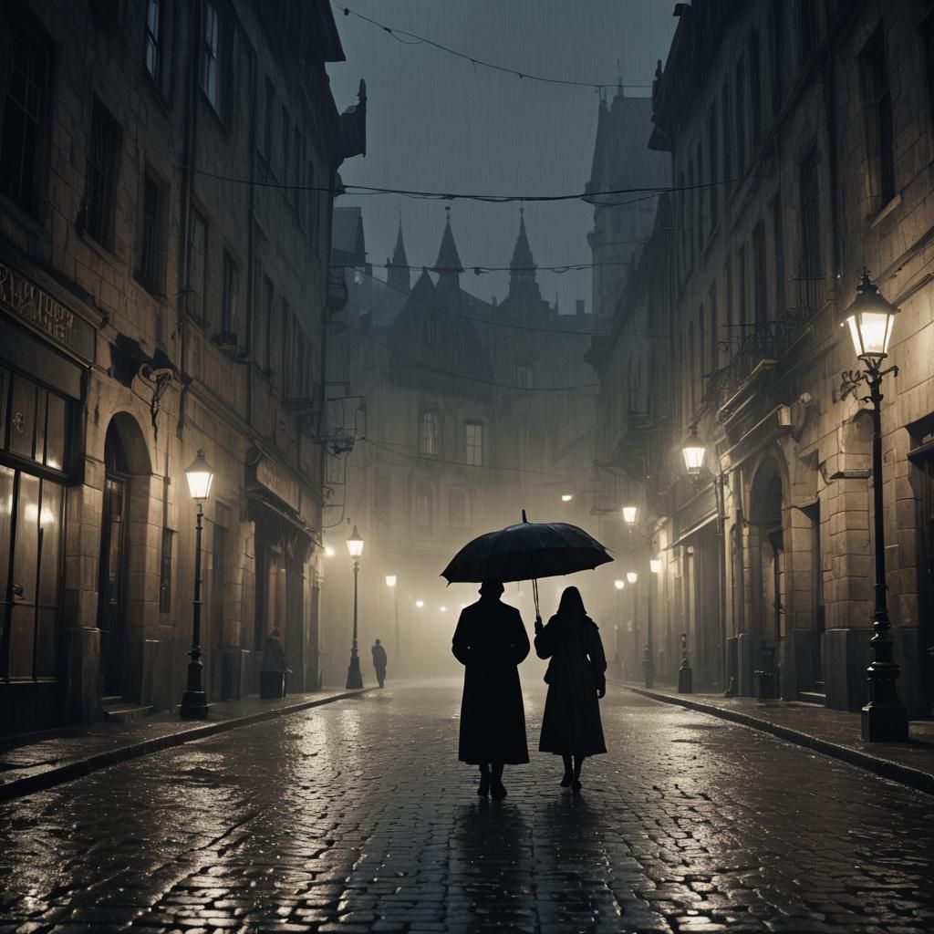 Eerie Gothic Figure in Rainy, Dark Academia Scene