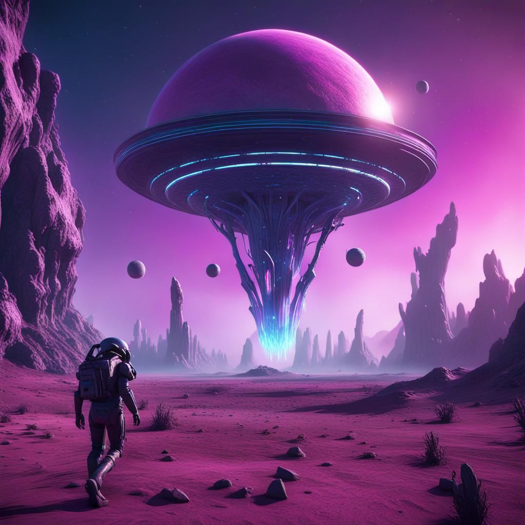 Astronauts and Aliens on Purple Planet: 3D Cinematic Render
