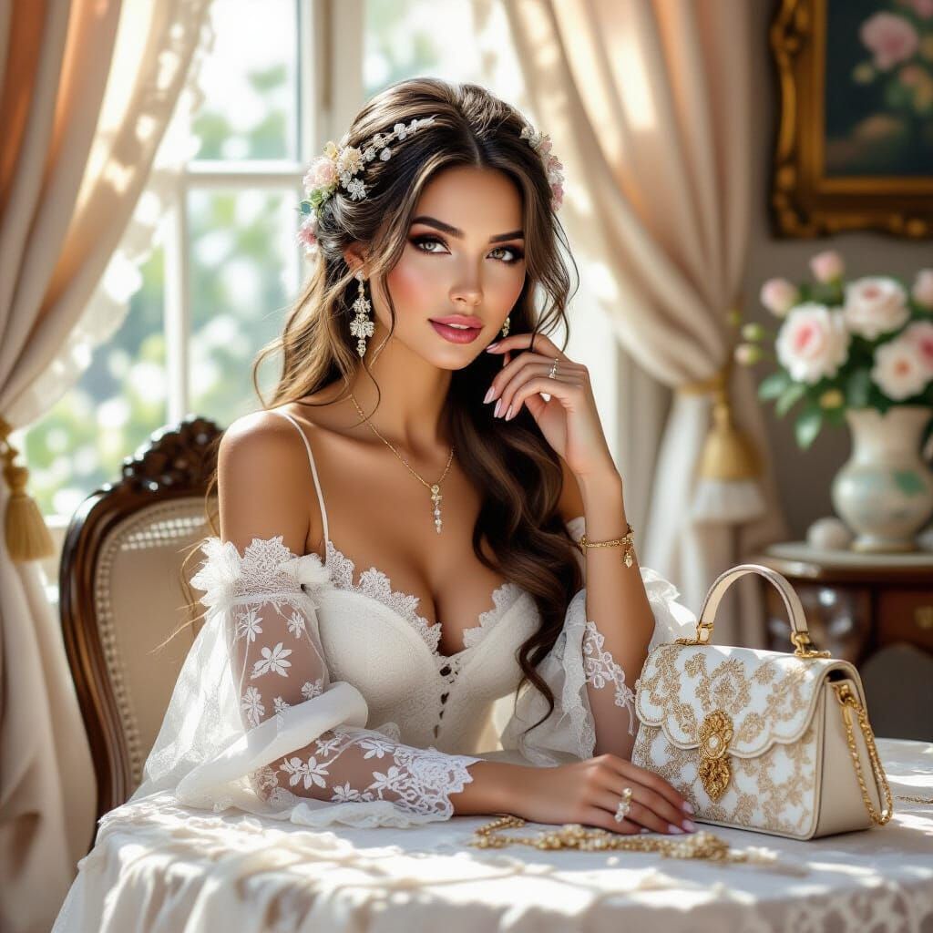 Woman in Exquisite Lace Adornments in a Lace-Filled Room