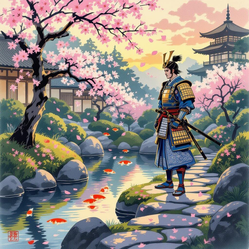 Samurai Contemplates Serene Japanese Garden in Ukiyo-e Style