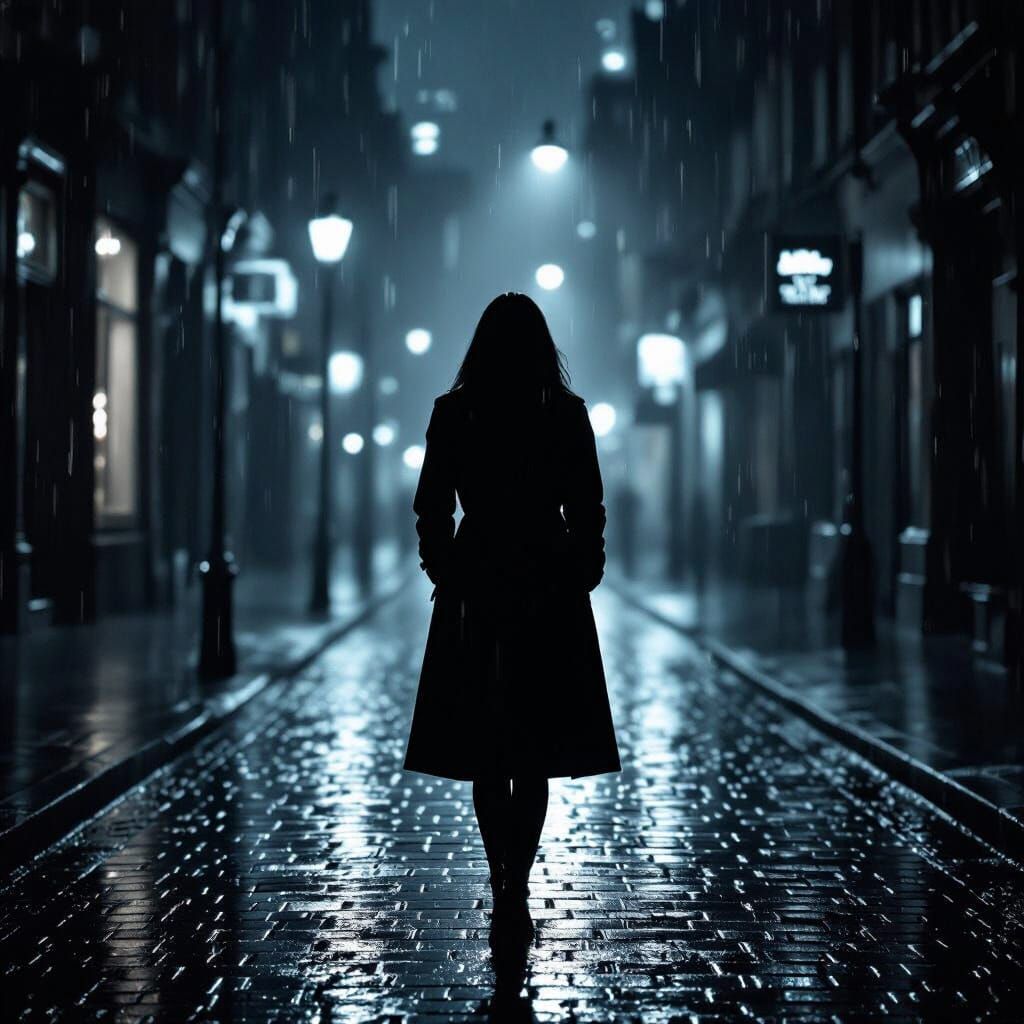 Noir Woman in Rainy Street: Grainy Film Photo