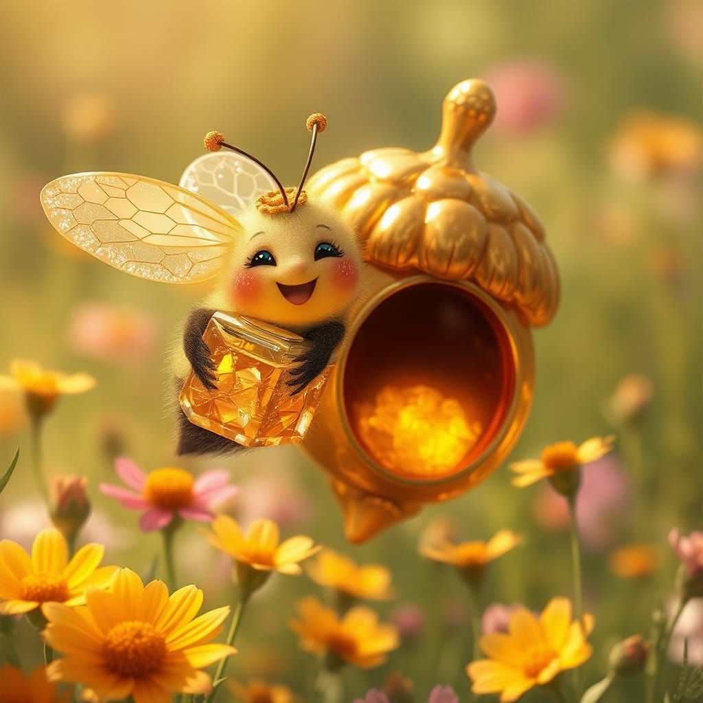 Bee Delivers Honey to Acorn Hive