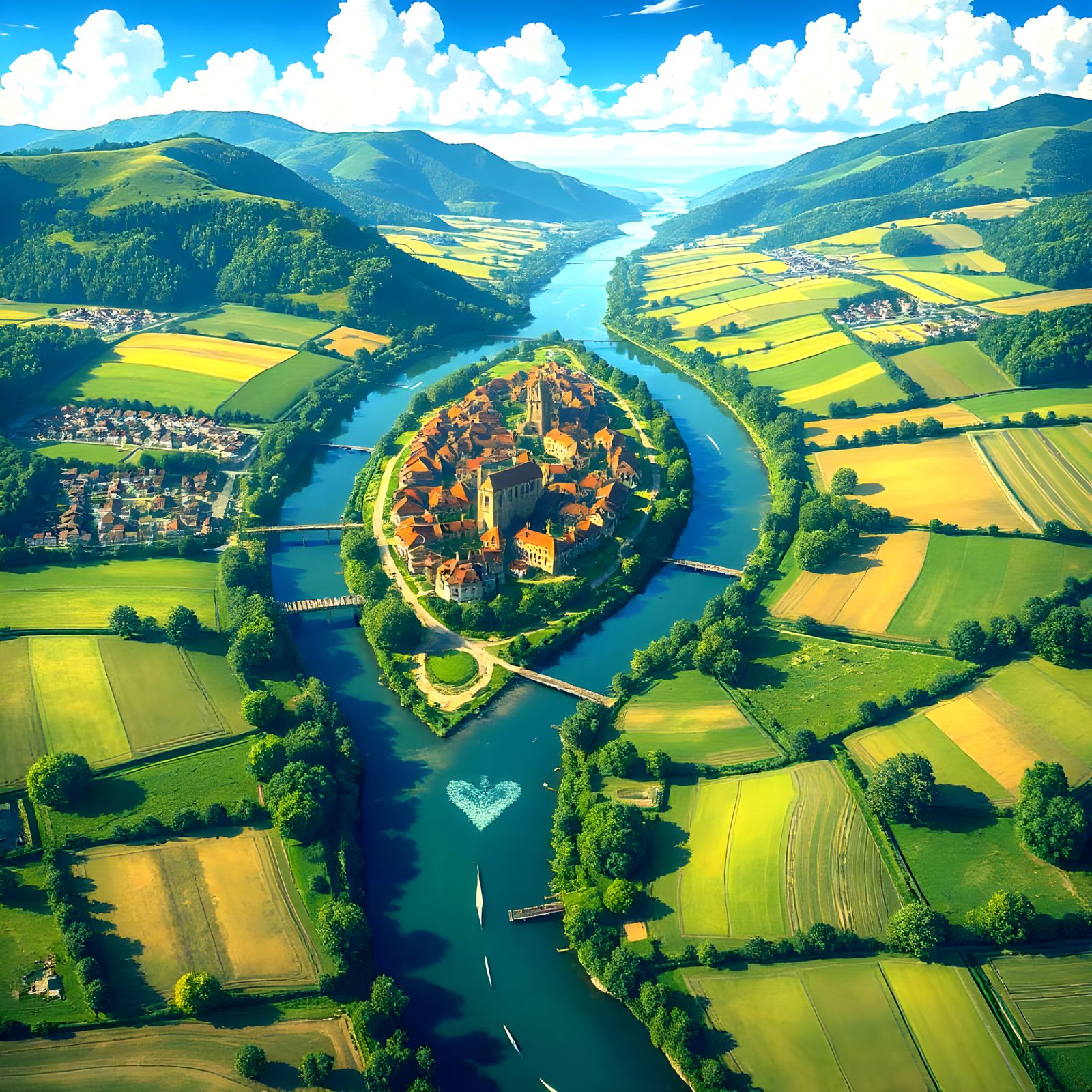 Valley River Reflecting Azure Skies: Ghibli Style