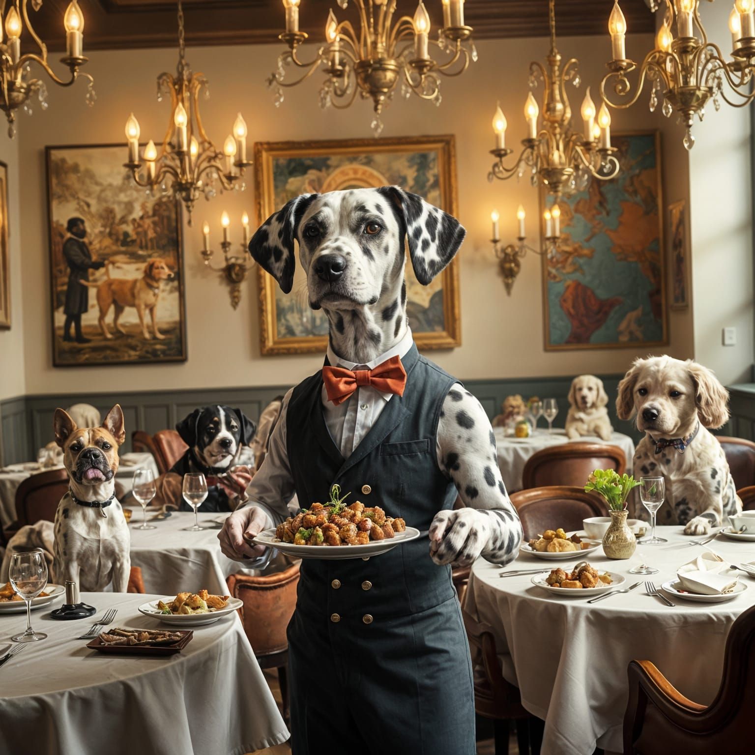 Elegant Canine Waiter Serves in Whimsical Art Nouveau Restau...