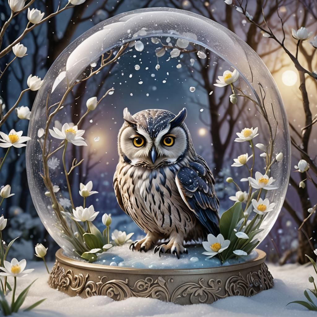 Owl in Snowglobe with Lotus Snowdrops