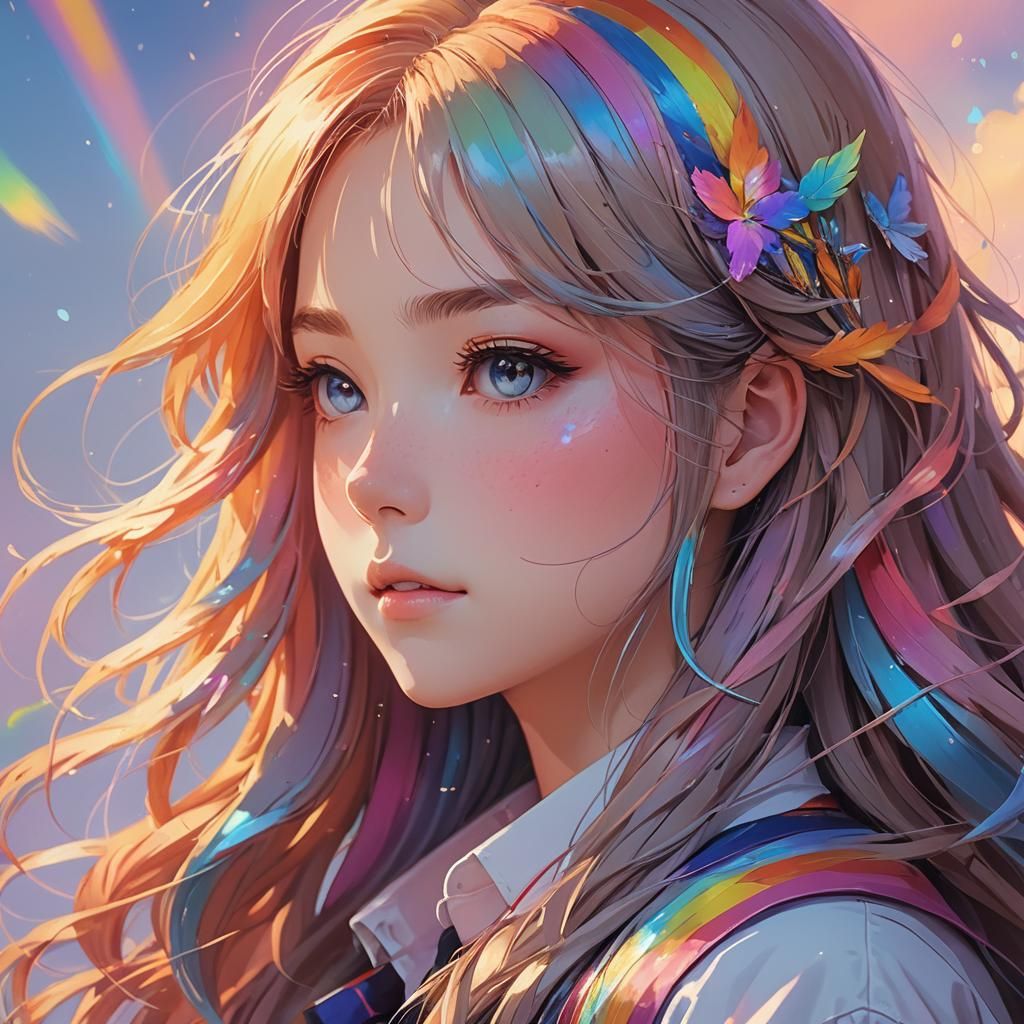 Anime Girl Portrait Thinking of Rainbow