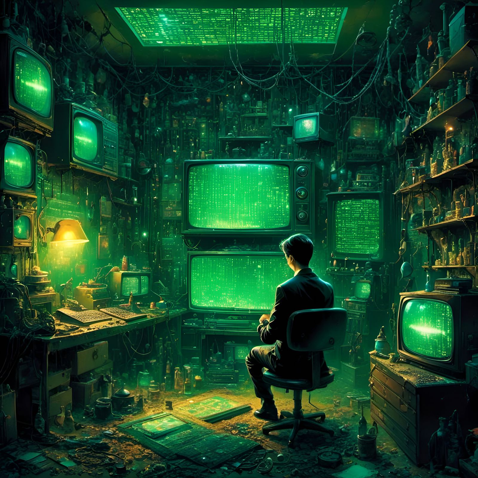 Surreal Matrix Code in Cyberpunk Gamer Room