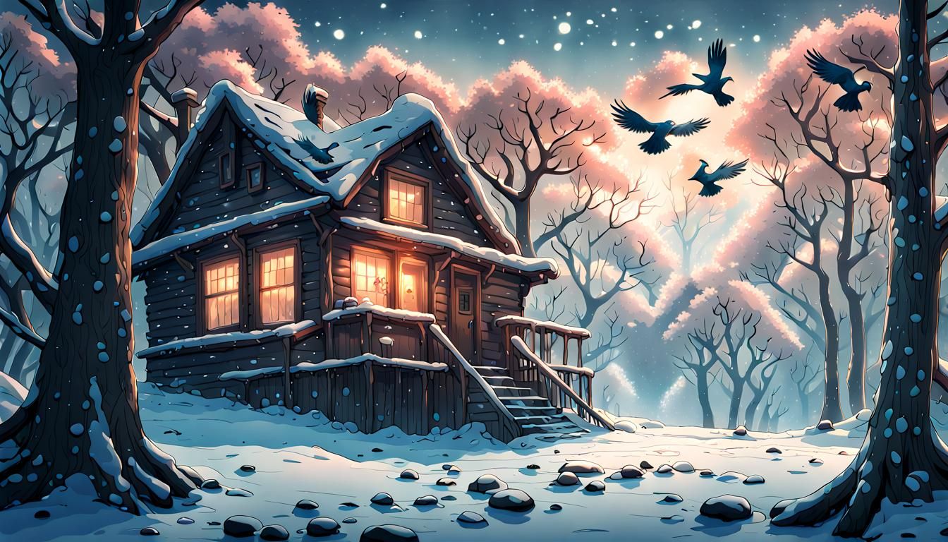 Winter Birds at Cabin in Woods, Anime Style