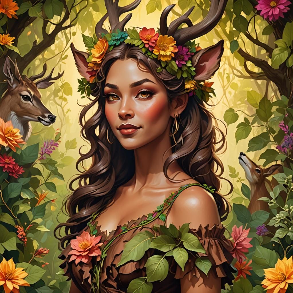 Female Satyr in Floral Setting: Hyper-Realistic Digital Art
