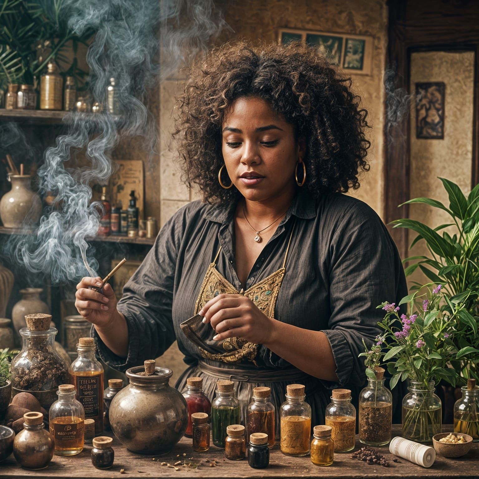 Caribbean Woman Mixes Herbal Remedies: Cinematic Film Still