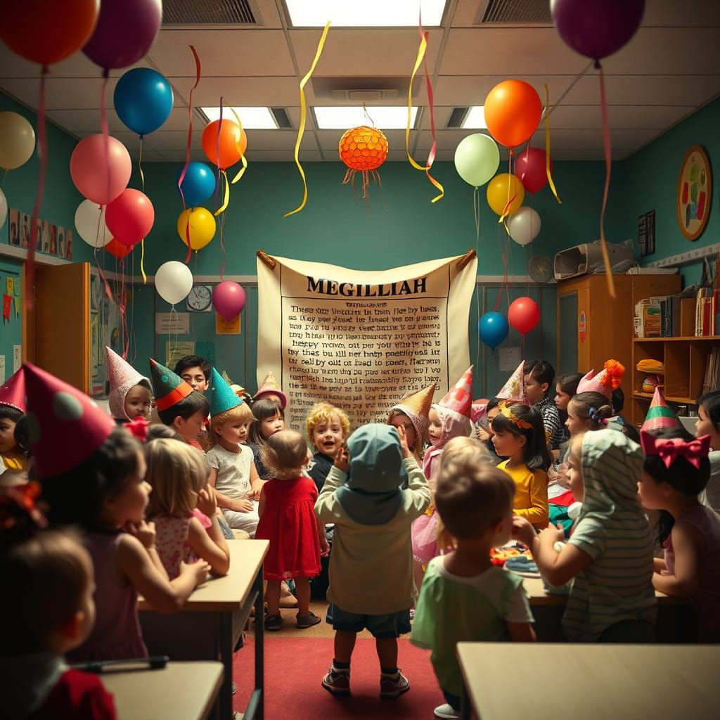 Vintage Cinematic Purim Celebration in a Cozy Kindergarten