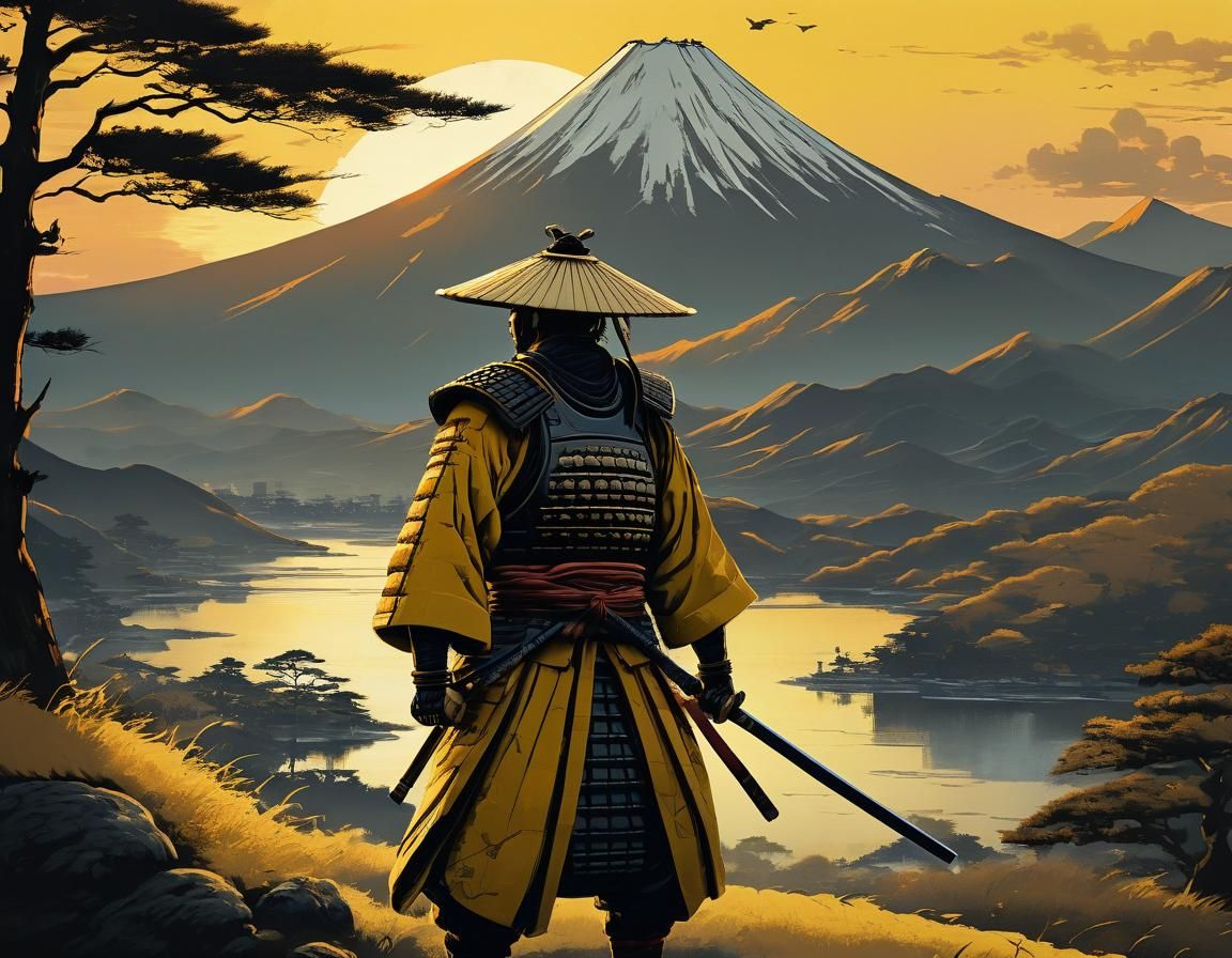 Sunset Samurai Concept Art in Hokusai and Kurosawa Style