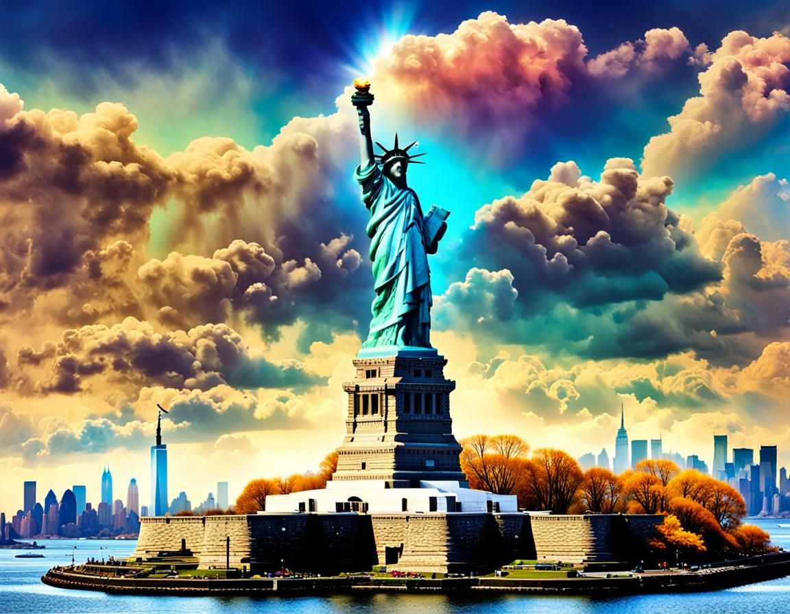 Statue of Liberty Illuminated in Overcast Sky