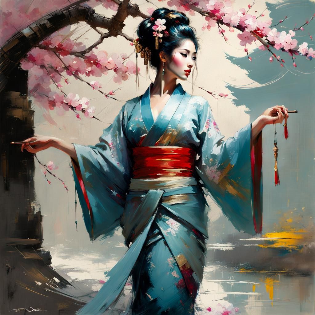 Ethereal Geisha in Cherry Blossom Garden