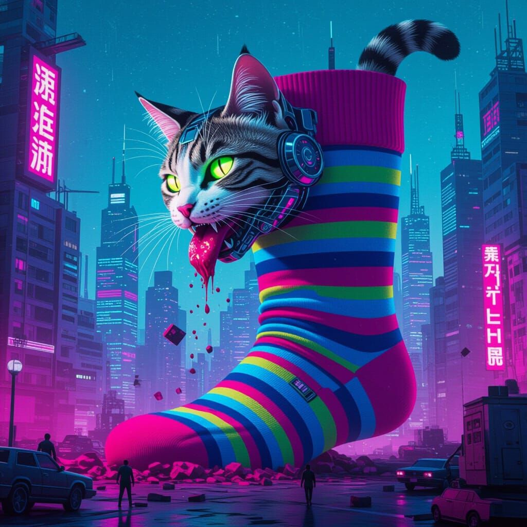 Neon Cyborg Cat Devouring Dystopian Cityscape