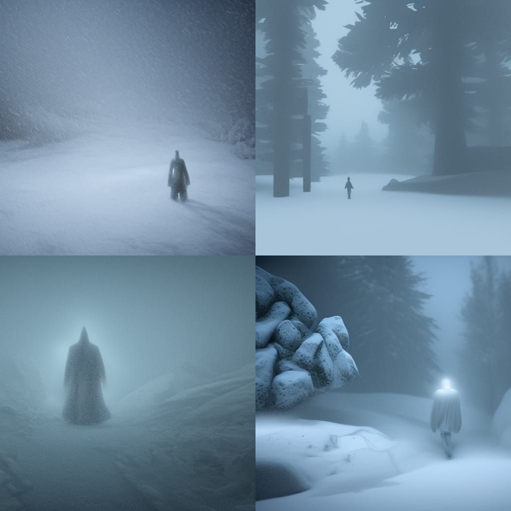A ghostly figure in an extreme blizzard on in a mountain pass 8k resolution concept art volumetric lighting
