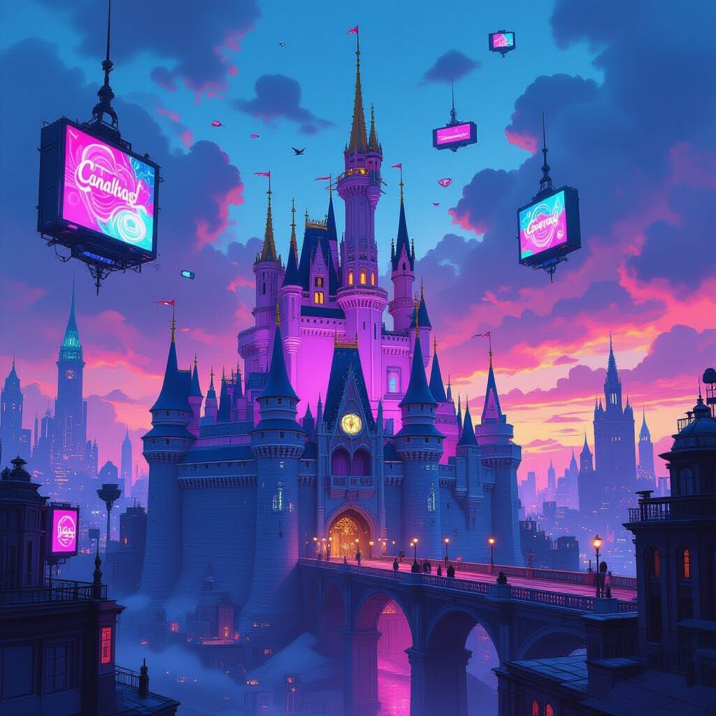 Cyberpunk Castle with Neon Sky and Gouache Swirls
