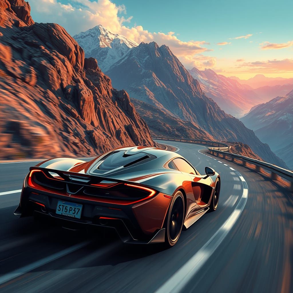 Sleek McLaren Hypercar Speeds Down a Winding Mountain Road i...