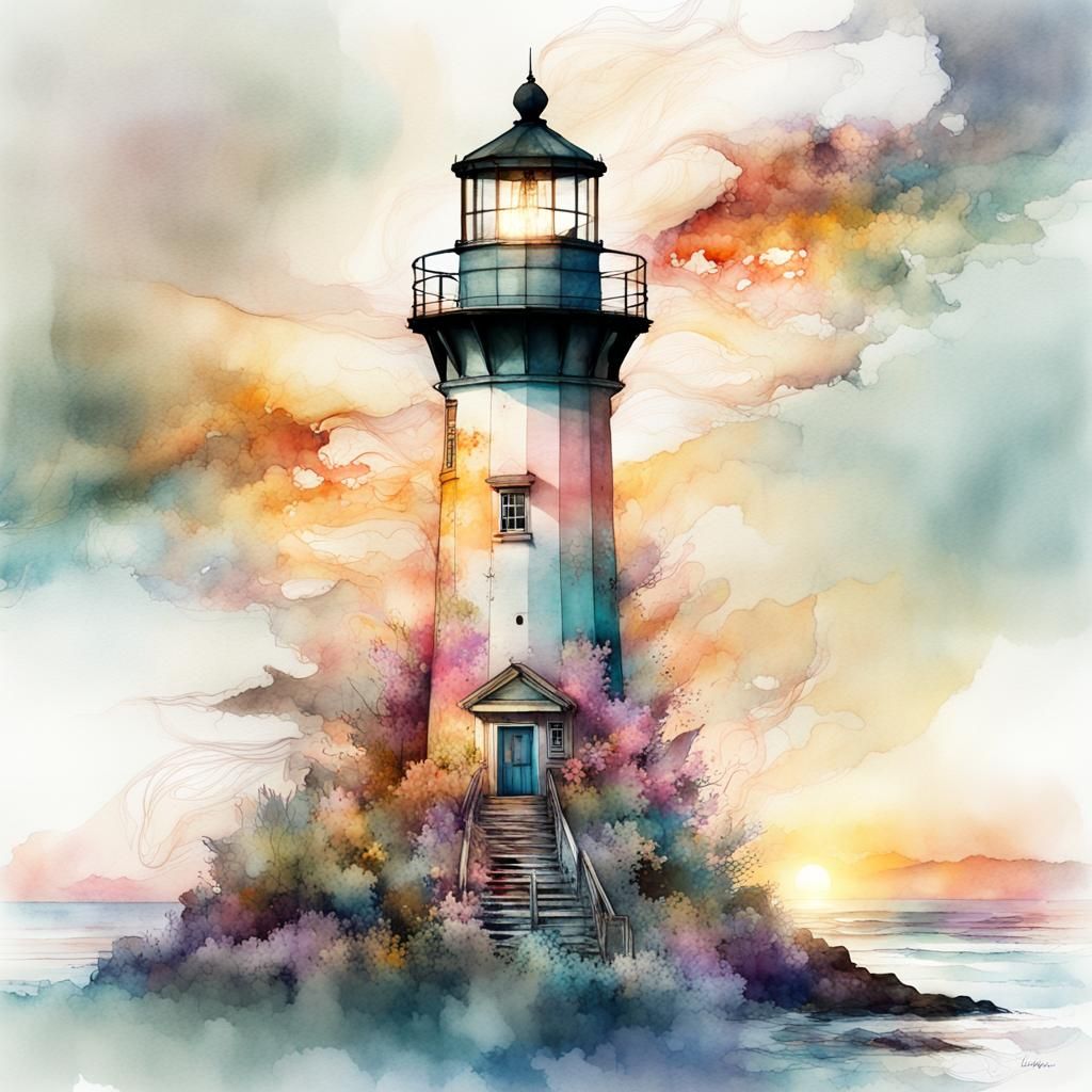 Watercolor Lighthouse Oceanscape at Sunset