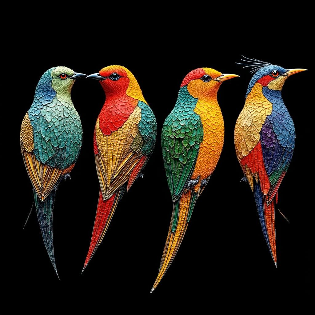 Mosaic Birds with Jewel-Toned Plumage on Black